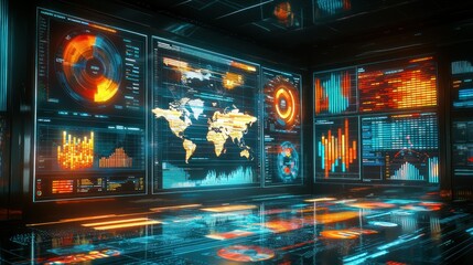 Global data analysis center, futuristic screens display world map, charts and graphs, technology background