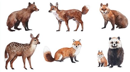 Obraz premium Colorful Illustrations of Cute Forest Animals in Watercolor Style