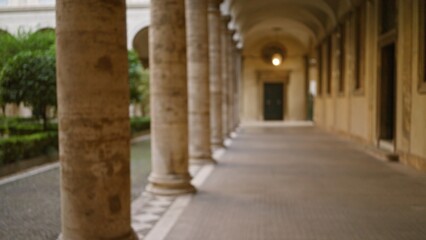 Obraz premium Blurred view of old university campus outdoor hallway with stone columns creating a classic academic atmosphere, enhanced by soft bokeh and defocused background.
