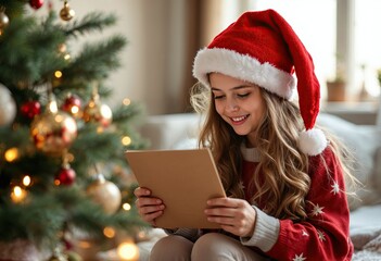 christmas card against girl at home at christmas time