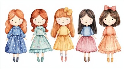 Cute Hand-Drawn Girls in Colorful Dresses with Cheerful Expressions