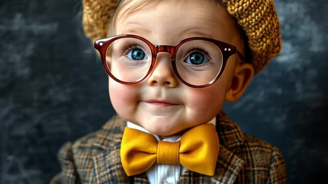 Little Scholar: A charming toddler dressed as a little scholar, wearing spectacles and bow tie, embodies a sense of precocious intelligence and youthful charm.