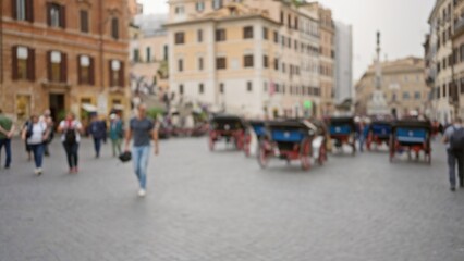 Blurred pedestrians and carriages fill a charming roman street, showcasing vibrant life and historic architecture in italy's old town cityscape.