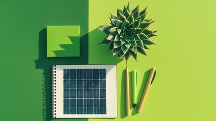 Green Energy Concept with Solar Panel, Notebook, Green Plant, and Pens on Bright Green Background