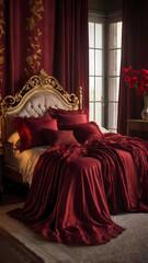 "A soft ruby red cashmere bed sheet with delicate lace trimmings, elegantly draped over a canopy bed in a dimly lit, romantic bedroom. Flickering candles surround the room, casting a warm golden glow 