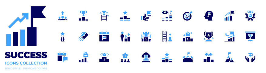 Success icon collection. Bold style. Duotone colors. briefcase, flag, career, ladder, podium, promotion, trophy, jobpromotion, popularity