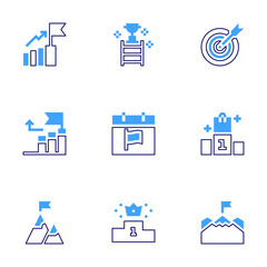 Success icon set. Bold line style. Duotone colors. Editable stroke. goal, briefcase, flag, podium, ladder, promotion