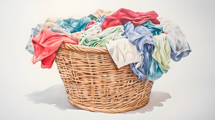 A woven laundry basket is full of colorful clothes
