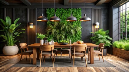 Fototapeta premium Panoramic Dining Room Photography: Black Wall, Wooden Table, Brown Chairs, Green Plants