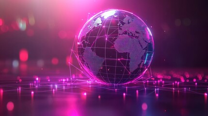 Obraz premium Global network connection, futuristic design, pink bokeh background, technology concept