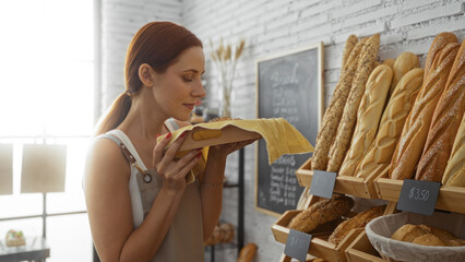 Young woman with red hair enjoying the aroma of freshly baked bread in a cozy bakery shop with a bright interior and wooden shelves.