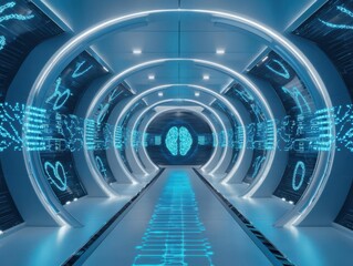 Obraz premium Futuristic digital corridor with glowing blue elements.