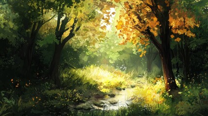 Naklejka premium Autumnal Stream in an Enchanting Forest: A Digital Painting of Serene Nature
