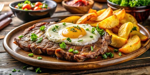 Peruvian Bistec a lo Pobre: Close-Up Photo of Egg, Fried Plantain, Potatoes