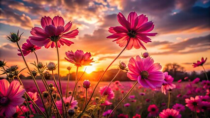 Fototapeta premium Pink Flower Silhouettes: Stunning Sunset Backlit Floral Photography