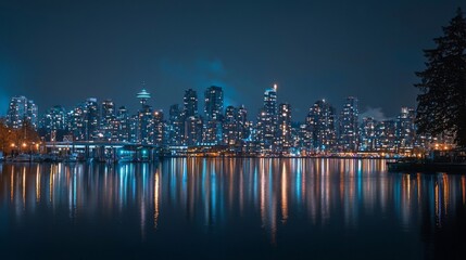 Fototapeta premium Night View of Vancouver City Skyline Reflected in Calm Water