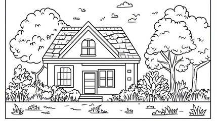 Obraz premium Suburban house, tree-lined yard, sunny day, coloring page