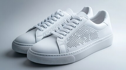 Minimalist white sneakers with perforated patterns, seamless white backdrop