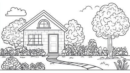 Obraz premium Suburban house, garden, sunny day, coloring page