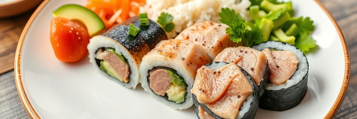 Close up of a freshly baked Japanese sushi roll with tuna, avocado, and rice, gourmet, tuna, dinner