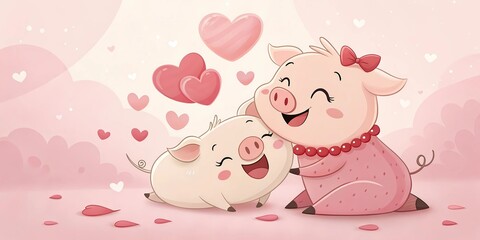Ilustración de dos cerditos enamorados con corazones y fondo color rosado pastel