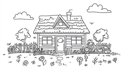 Cozy cottage, garden, sunny day, coloring page