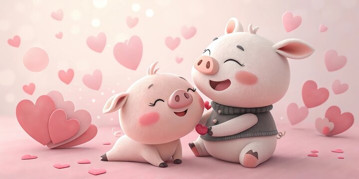 Hermosa pareja de cerditos enamorados: Ilustraci&oacute;n 3D con fondo de corazones rosa