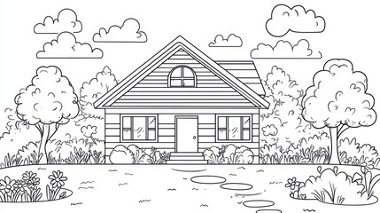 Suburban house, garden, sunny day, coloring page (1)