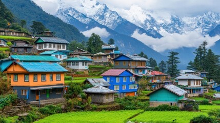 Picturesque Village Nestled in the Himalayas with Snow-Capped Mountains