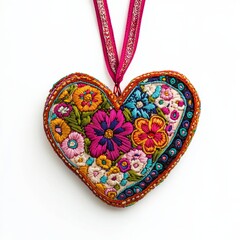 An embroidered love-themed hanging ornament with a heart and flower design in vibrant colors