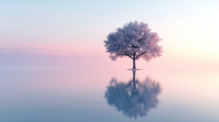 Frosty tree reflecting in calm water at sunrise; peaceful nature scene, ideal for serenity themes