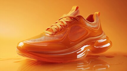Vibrant orange sport shoes with glossy finishes, orange backdrop