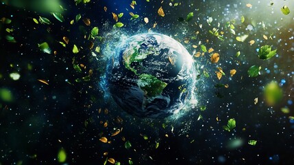 Earth surrounded by floating leaves in a deep space background with luminous energy