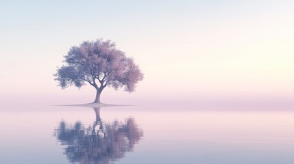 Solitary tree reflecting in calm, misty water at dawn; peaceful nature scene (1)
