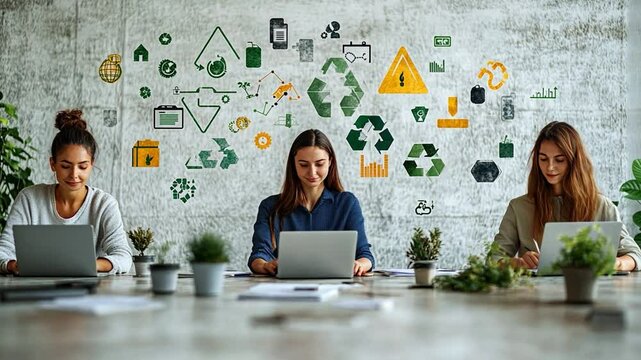Eco-Conscious Collaboration: Three women work together around a desk with recycling and sustainability icons above, highlighting their commitment to environmental responsibility.