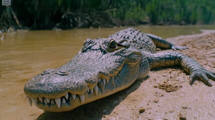 Obraz premium Crocodile Sunbathing on a Muddy Riverbank in Nature