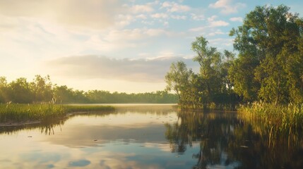 Obraz premium Serene Marshy Lakeshore at Dawn with Wading Birds and Lush Vegetation