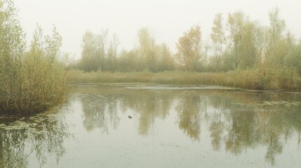Marshy Lakeshore Scene with Wading Birds in Calm Waters