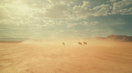 Wild Horses Galloping Across an Open Landscape Under a Vibrant Sky