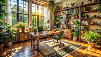 Sunlit Home Office: Wooden Desk, Bookshelves, Plants, Vintage Decor - Aerial View