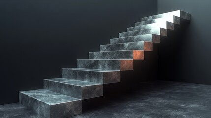 Floating metal stairs with sharp, angular steps, isolated on a black-to-gray gradient background