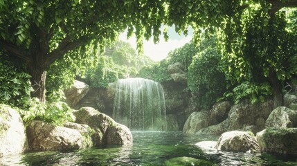 Scenic Waterfall Plunging into Rocks Surrounded by Lush Greenery