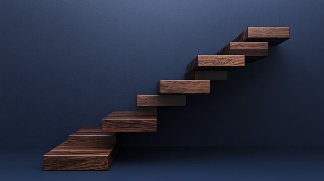 Floating stairs with dark wood steps and a minimalist design, isolated on a navy blue background