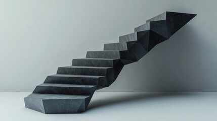 Geometric staircase with angular black metal steps, isolated on a gradient gray background