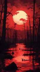 Eerie Sunset Reflections in a Tranquil Forest Swamp with Blood Moon and Mystical Shadows