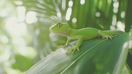 Bright Green Gecko Relaxing on Leaf in Lush Tropical Environment