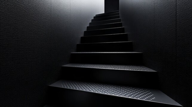 Modern metal stairs with a sleek black finish, isolated on a dark gray background