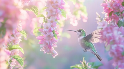 Tiny Hummingbird Feeding on Pink Flowers in Soft Pastel Setting
