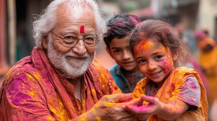 heartwarming scene where elderly and young children are playing Holi together, bonding through the shared joy of the festival.