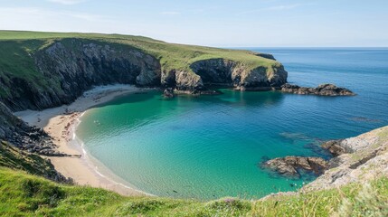 Obraz premium Scenic Cliffside View Overlooking a Serene Curving Beach Cove